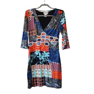 Papillon Artsy Patchwork Y2K V-Neck Stretch Jersey Boho Colorful Dress M